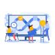 Illustration of Agile and Scrum training with diverse individuals interacting with a large screen displaying Agile concepts and symbols.