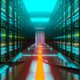 A modern data center with rows of servers and illuminated cables, showcasing SQL Server 2016 database provisioning technology.