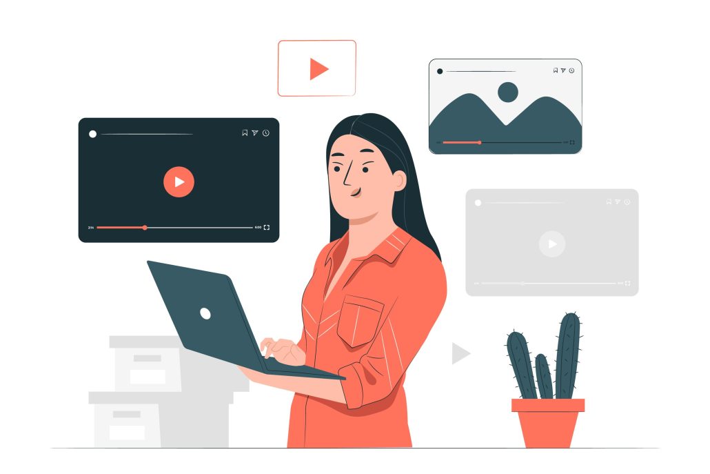 A woman in an orange shirt using a laptop, surrounded by video and image thumbnails, with a potted cactus nearby, representing digital content creation.