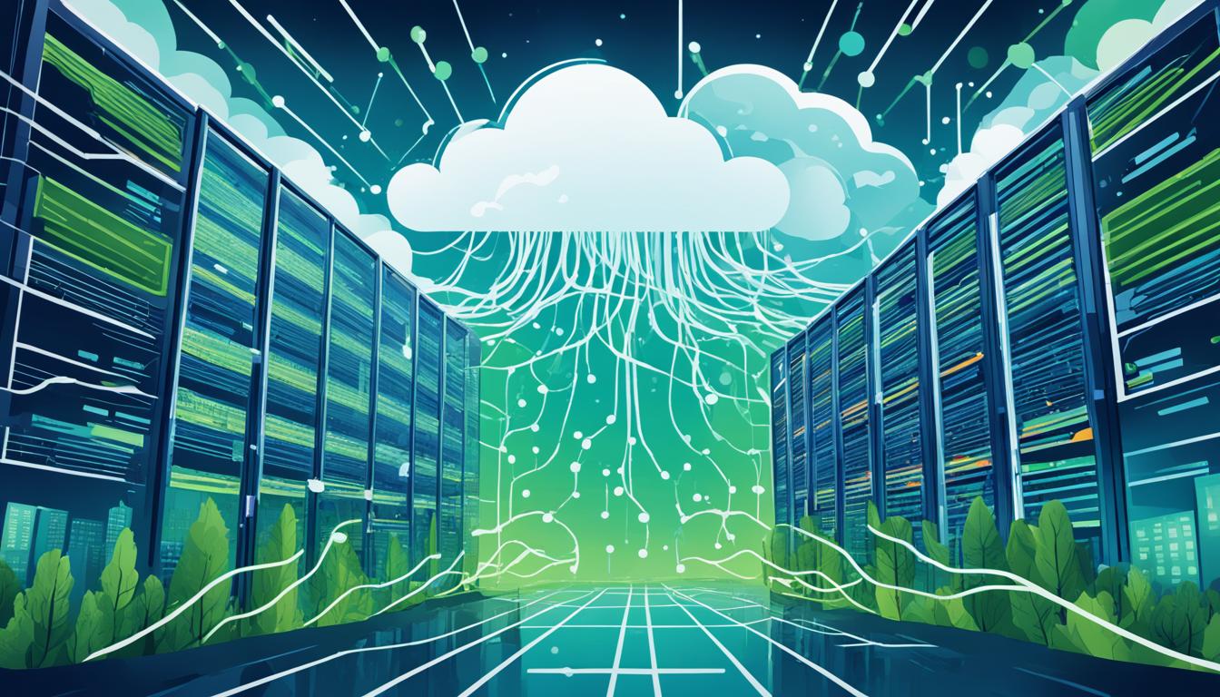 Illustration of cloud computing with data flow between server racks, representing AWS Certified Solutions Architect training concepts.