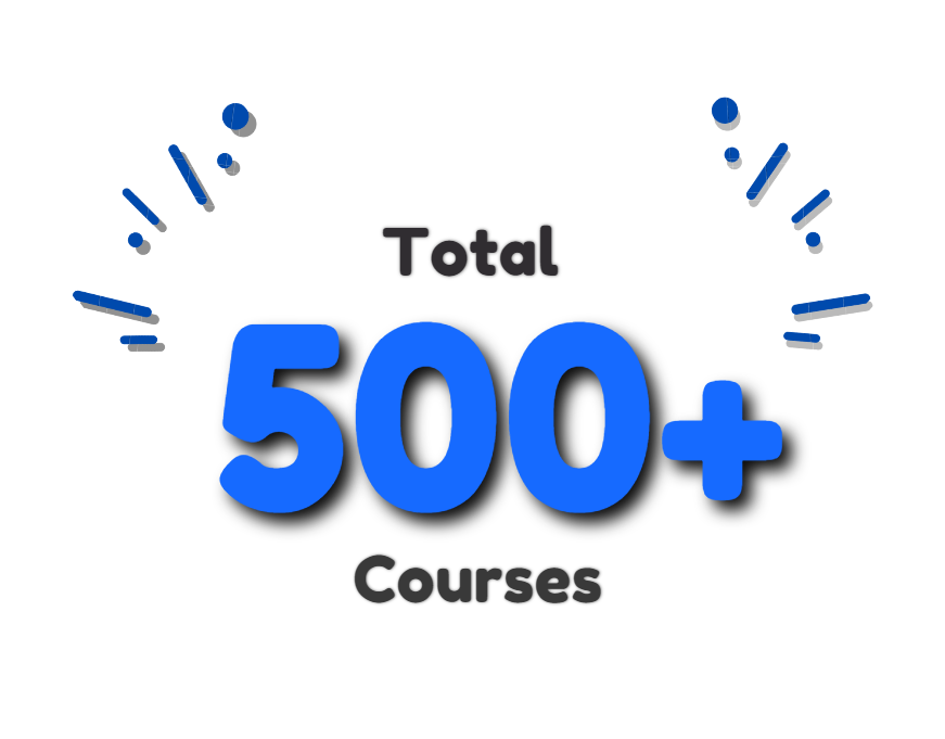 Graphic showing total of 500+ courses available, featuring bold blue numbers and playful design elements.