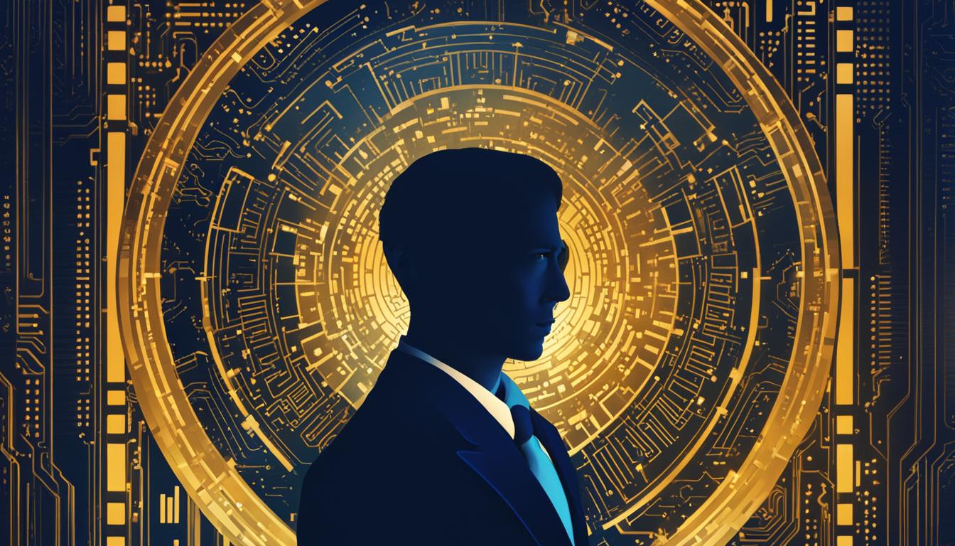 Silhouette of a businessman in a suit against a digital circuit background, symbolizing technology and innovation.
