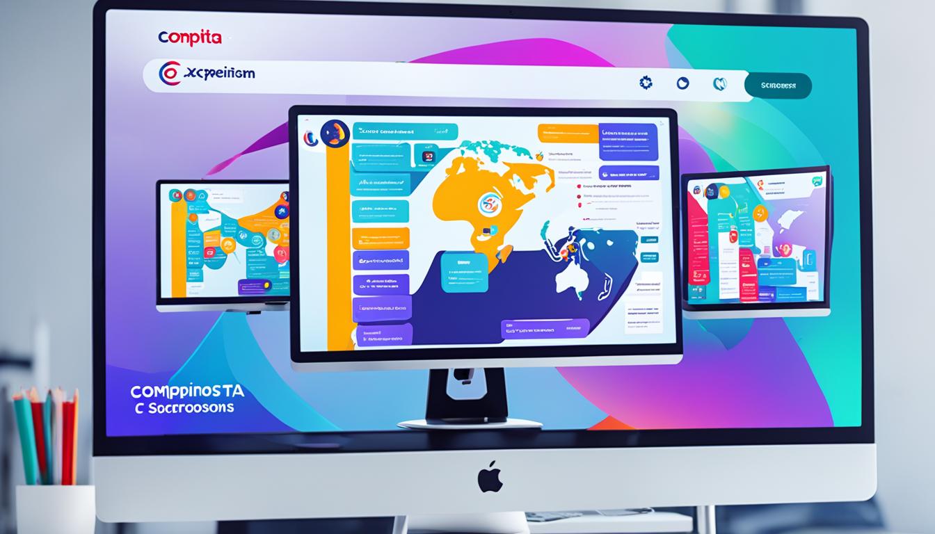 CompTIA A+ certification course interface displayed on multiple screens, showcasing interactive learning modules and global map.