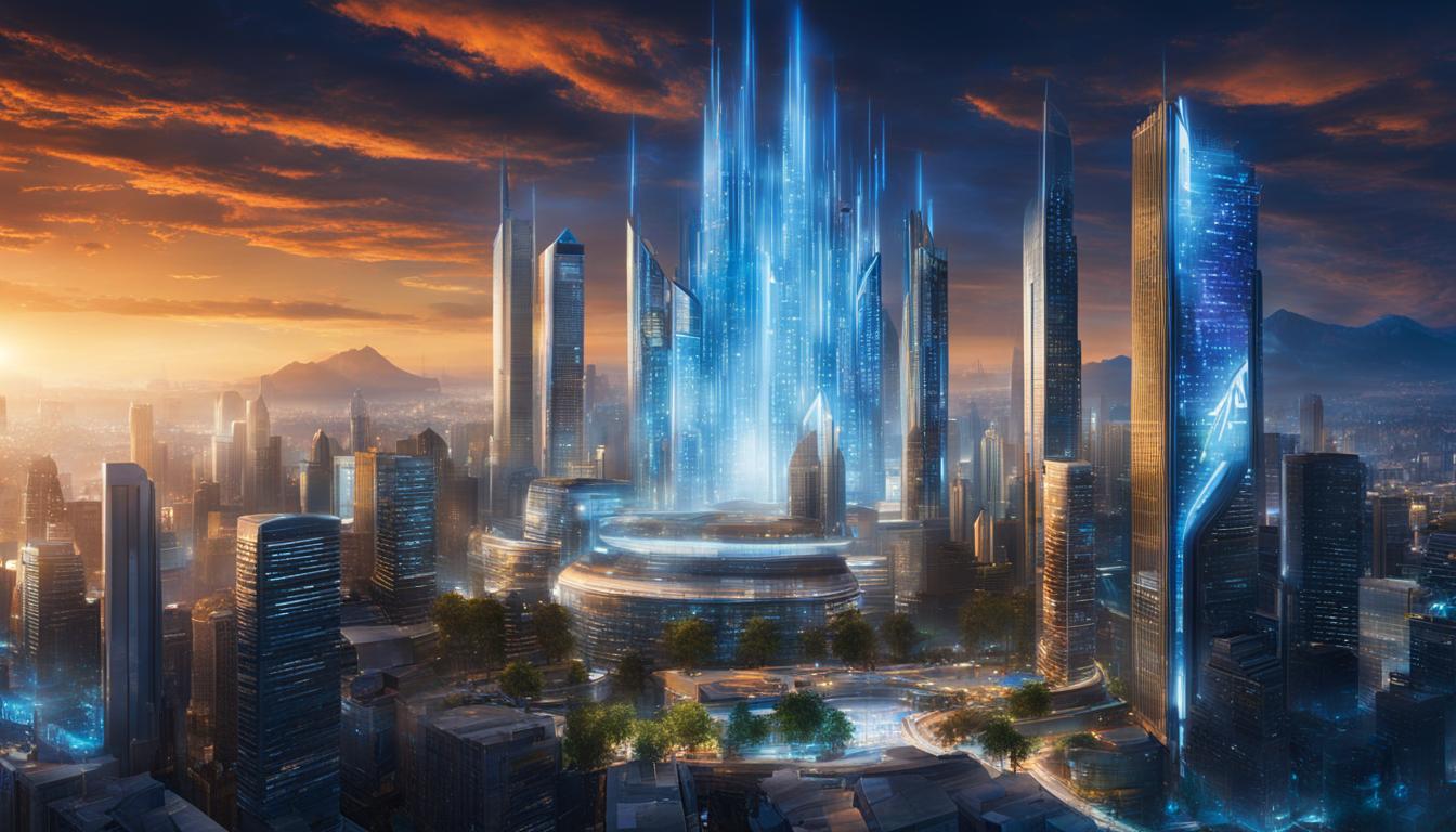 A vibrant futuristic cityscape featuring tall skyscrapers and glowing structures under a dramatic sky, showcasing advanced architecture and technology.