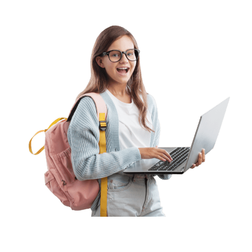 A young student with glasses holding a laptop and wearing a pink backpack, smiling and engaging with technology.
