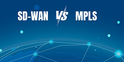 Graphic comparing SD-WAN and MPLS with a blue background and network design elements.