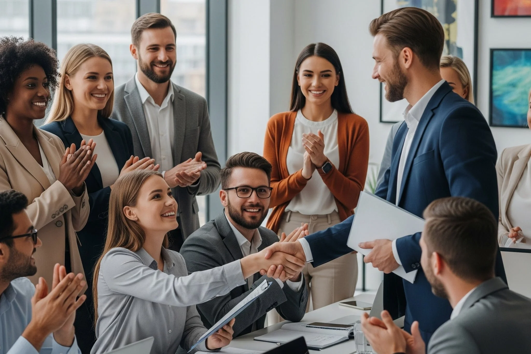 A group of professionals in business attire applauding and shaking hands in a meeting room.