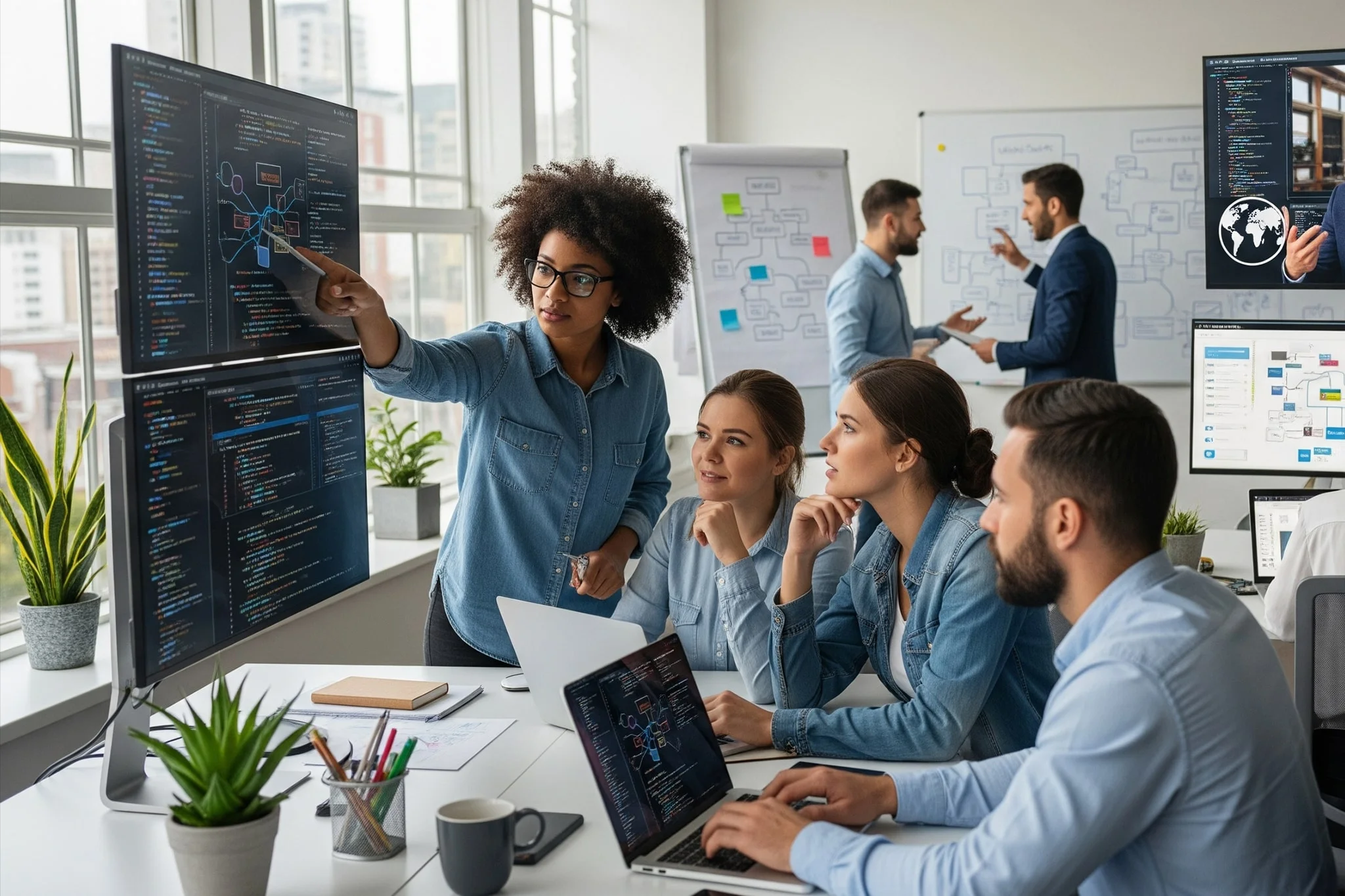 A diverse group of professionals engaged in a collaborative meeting in a modern office setting.