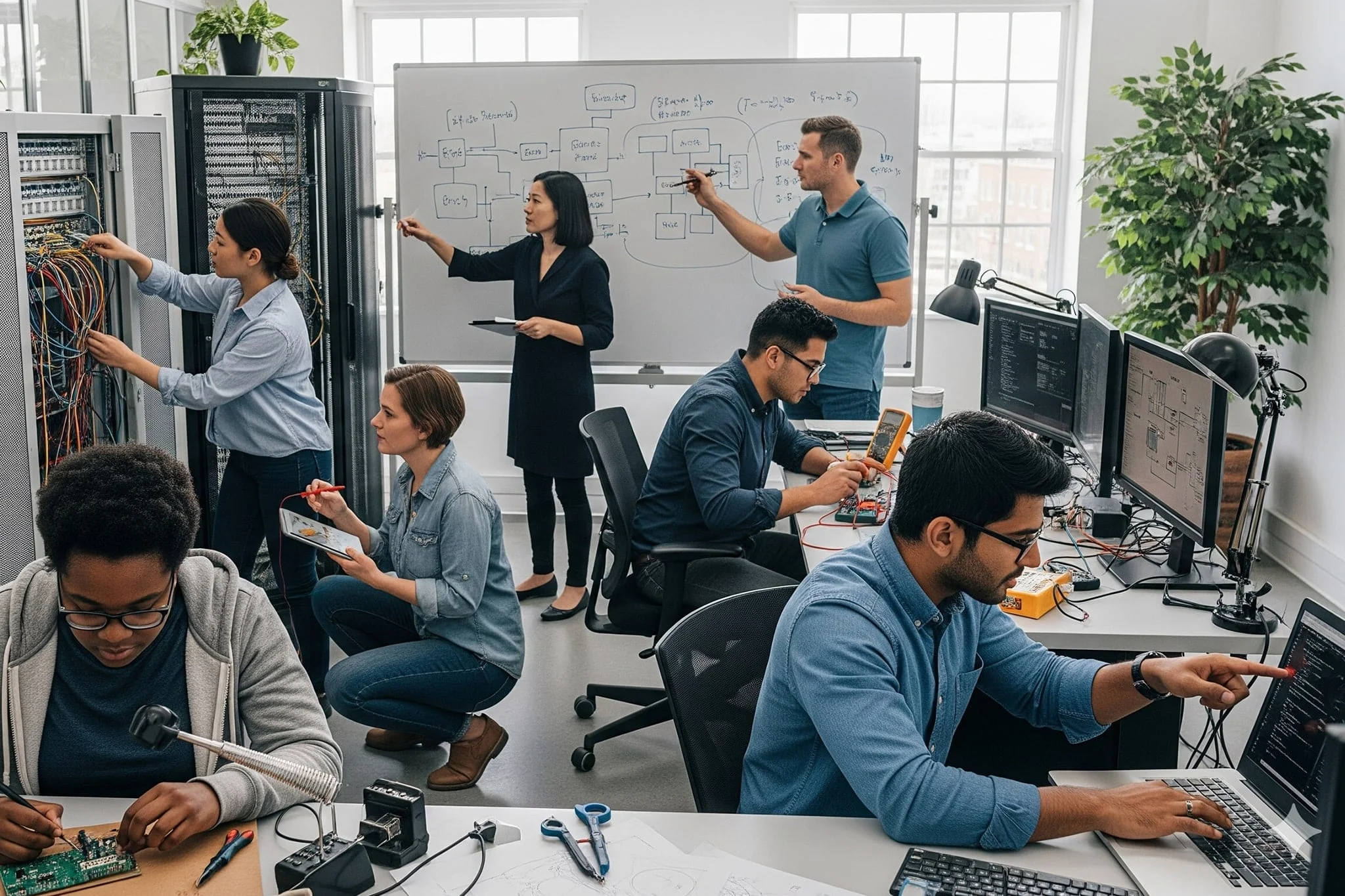 A group of individuals participating in various IT training activities in a classroom setting.