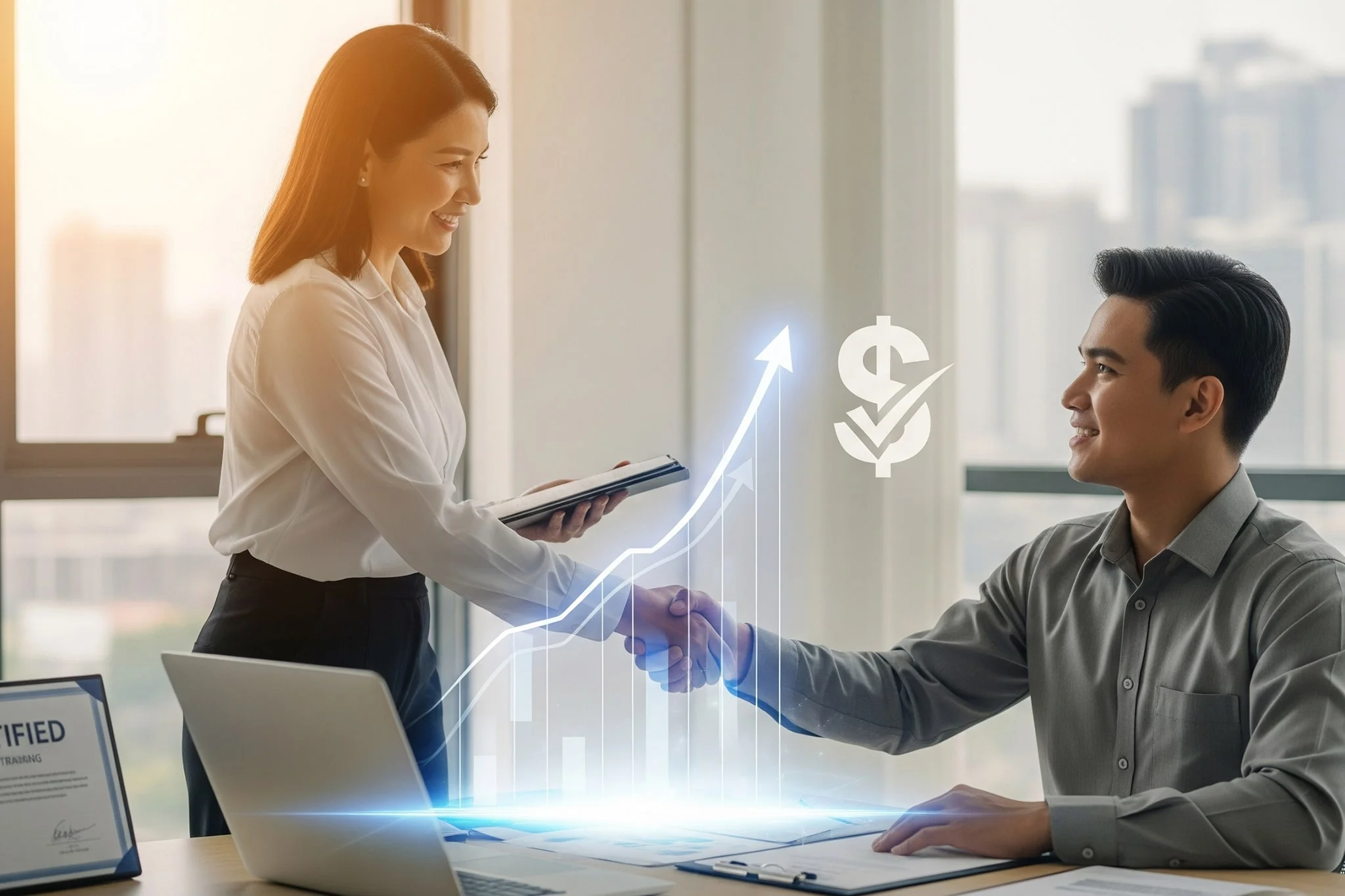 Two professionals shaking hands with a graphical representation of growth and a dollar sign in the background.