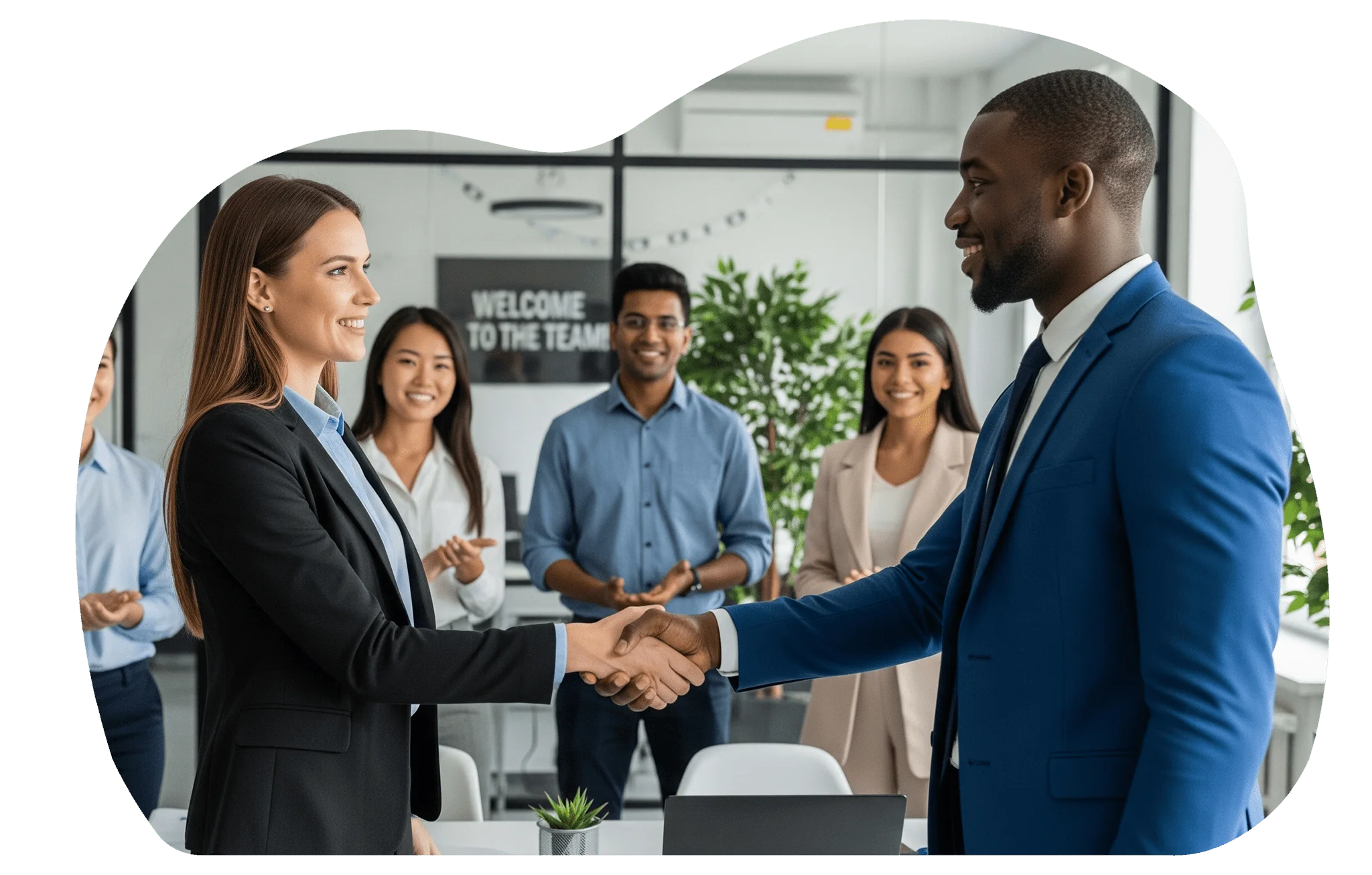 A woman and a man shaking hands in an office environment with colleagues in the background.
