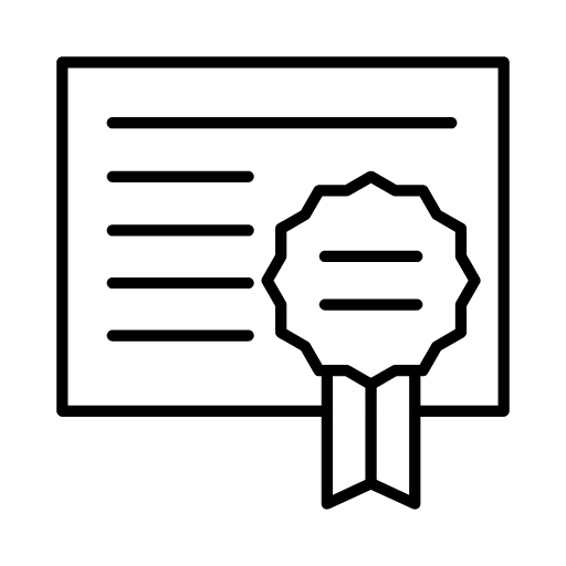 Black certificate icon with a ribbon, representing achievement or completion in a formal design.