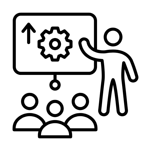 Black training icon featuring a person with a graduation cap and a laptop, symbolizing education and learning.